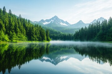 A serene lake at sunrise with soft golden light reflecting on still water. Generative AI