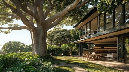 Modern House nestled in Lush Greenery, Sunlight filtering through leaves