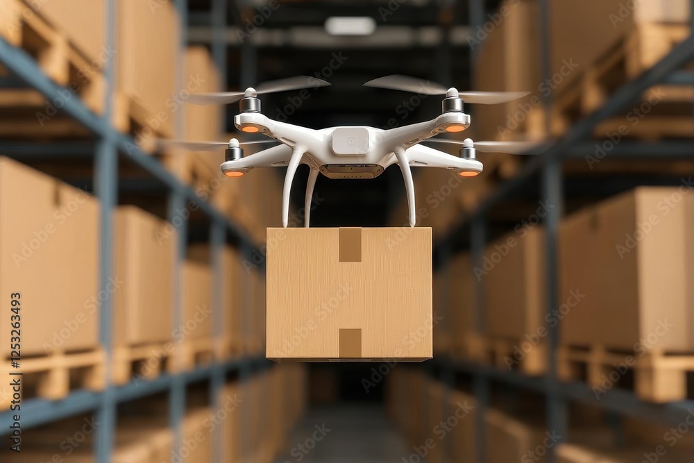 Poster inventory management system replenishment. aerial view of a warehouse with replenishment drones rest