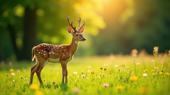 A young spotted deer stands serenely in a sun-drenched meadow, wildflowers blooming at its feet, a picturesque scene of natural beauty.
