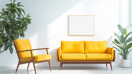 bright and modern living room featuring yellow sofa and armchair, complemented by indoor plants and blank frame on wall, creating cheerful and inviting atmosphere