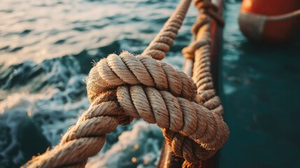 Fototapeta premium Close-up of nautical rope knot on a boat. Possible use for nautical, ship, or marine design inspiration or educational purposes