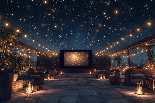 An original design of a rooftop cinema transformed by electric lights shimmering under the stars, creating an immersive movie-watching experience.