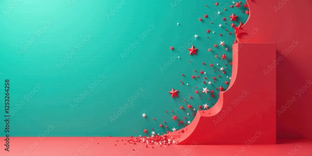 Aufkleber Abstract coral and teal backdrop with scattered stars cascading onto a platform