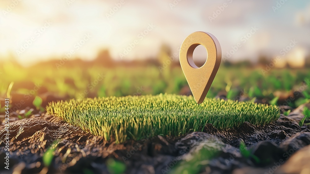 Aufkleber a location pin stands prominently on patch of grass in field, symbolizing navigation and exploration