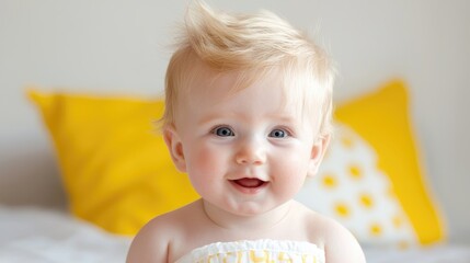 Fototapeta premium Happy blonde baby smiling at the camera while sitting on a bed with yellow pillows in a bright bedroom.