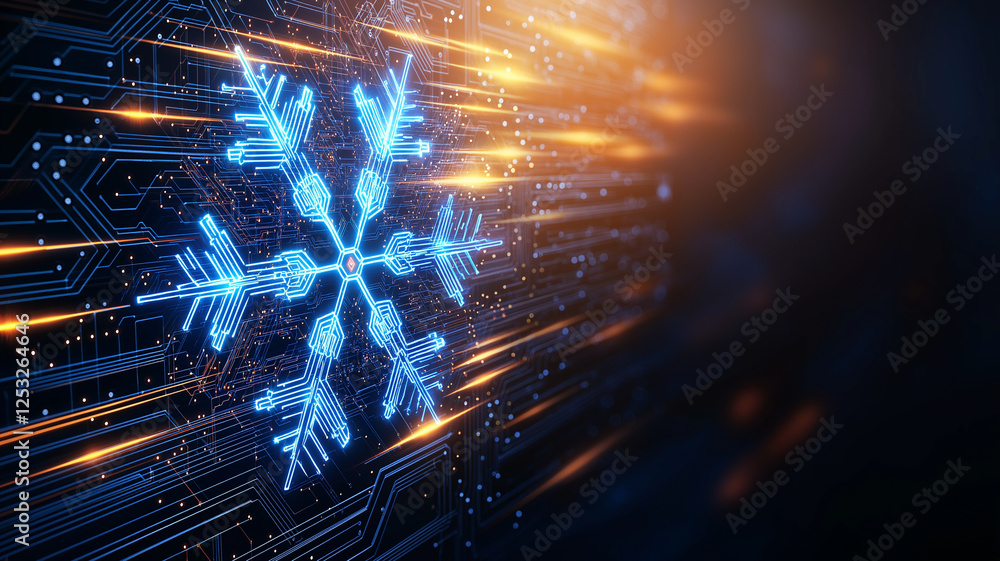 Poster digital snowflake design created from circuit board lines, glowing in blue against dark background. 