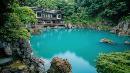Fototapeta premium Serene Japanese Lake House: Turquoise Waters and Lush Greenery