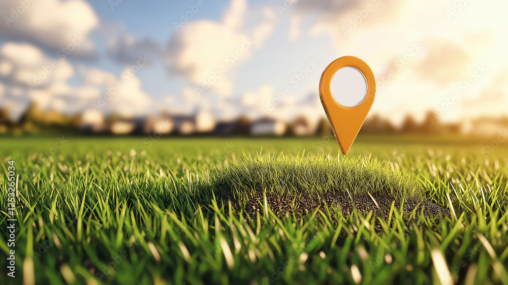 Poster vibrant grass field with prominent orange location pin, symbolizing navigation and exploration. scen