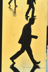 Captivating Silhouette of Individuals in Motion Against a Vivid Yellow Background, Portraying the Essence of Urban Life and Dynamic Presence