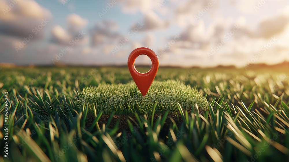 Poster red location pin stands prominently on patch of grass in vast field, symbolizing navigation and expl