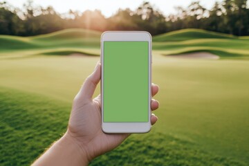 Hand Holding Smartphone with Green Screen on Golf Course Landscape