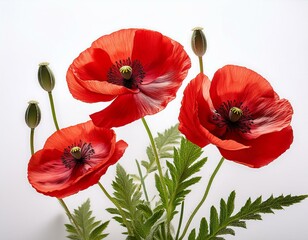 Obraz premium three red poppies with green stems and leaves against a white background
