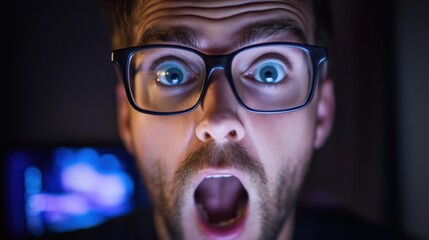 Close-up of a shocked man wearing glasses, mouth agape. Ideal for websites, blogs, or articles about surprise, disbelief, or shock.