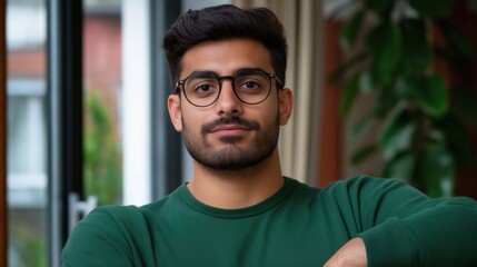 A confident Hispanic man sits comfortably indoors, showcasing a relaxed demeanor while commemorating National Dentists Day