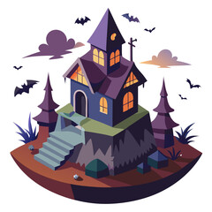 An isometric haunted house on a hill with broken windows, bats flying around, and a spooky atmosphere