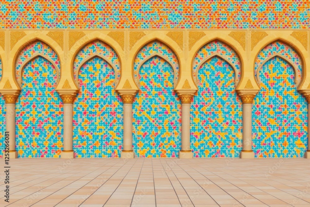Poster vibrant mosaic wall with colorful tiles and arches, creating a lively background for artistic projec