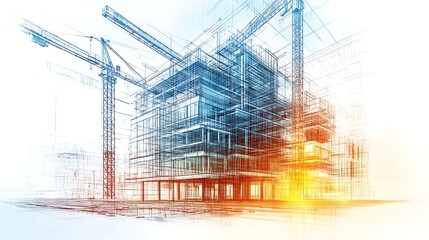 Construction Site with Cranes and Blueprints, A detailed illustration of an architectural drawing print