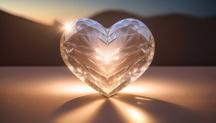 Fototapeta premium a glowing crystal heart in 3d render shines brightly on a beige background captured in ultra realistic photography with soft studio lighting