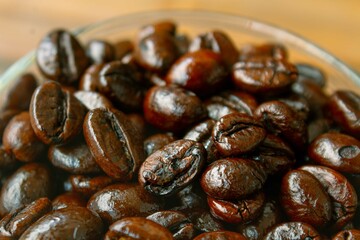 Dark Roast Robusta Coffee Beans in Glass Bowl – Full City Roasted for Bold and Intense Taste