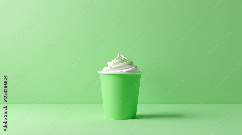 Poster a refreshing green cup filled with whipped cream and green sprinkles sits on a matching green surfac