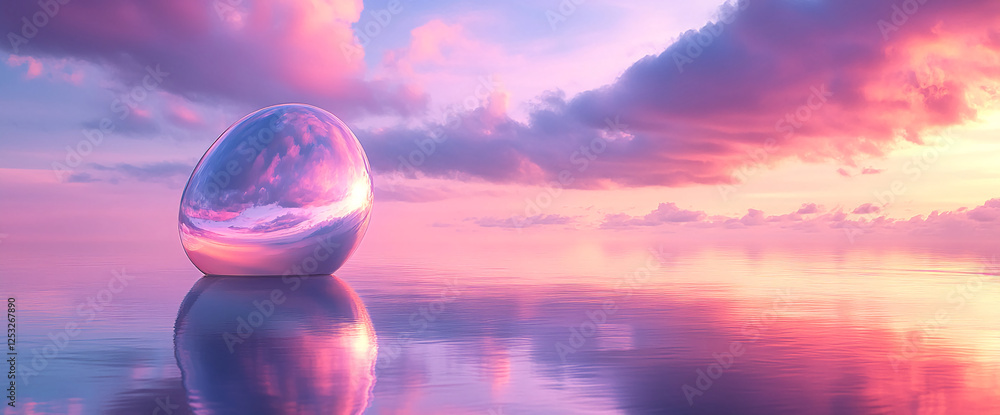 Poster A reflective metallic object floating on calm water at sunset, creating a serene atmosphere with pastel skies and smooth reflections, symbolizing peace and tranquility.