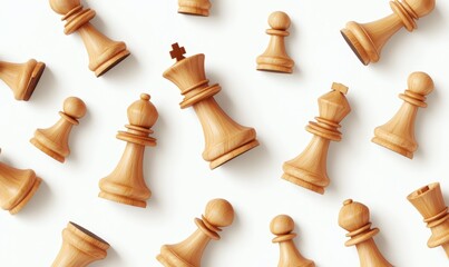 White chess pieces scattered on white background; strategy, planning, competition concept; website banner