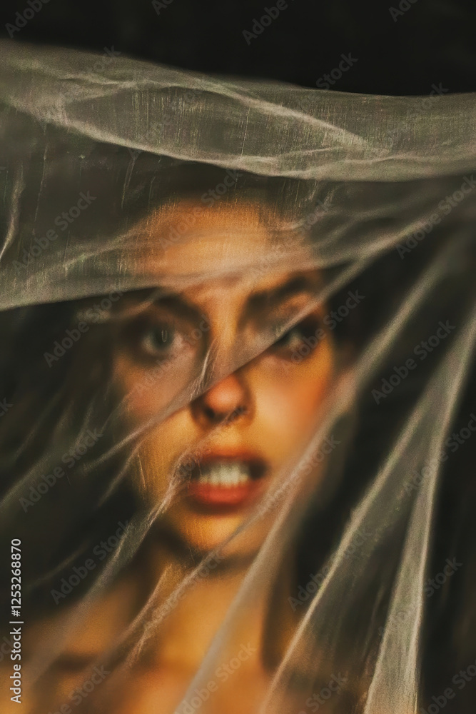 Poster exploring the depths of emotion: a portrait capturing fear and vulnerability through translucent lay