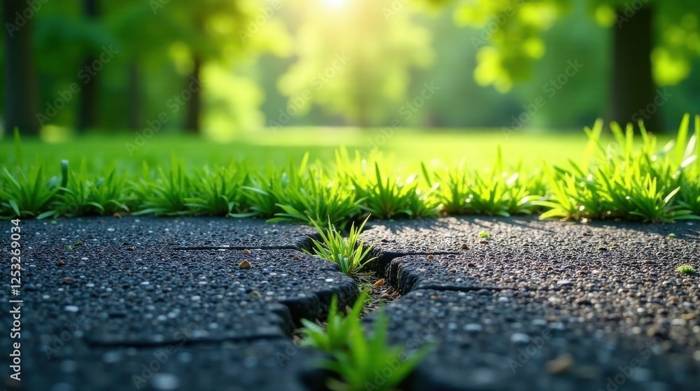 Poster vibrant green grass emerging through dark pavement blocks in a sunny park setting
