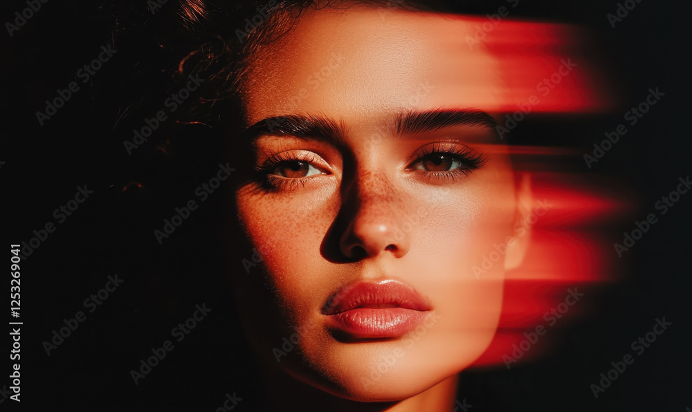 Poster captivating portrait of a woman with striking features and dynamic lighting, emphasizing depth and e