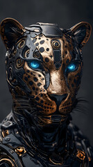 A cyberpunk-style metal and gold leopard with an aggressive look
