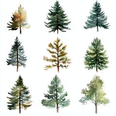 Obraz premium Watercolor Evergreen Trees; Nature; Forest; Design; White Background; Decoration