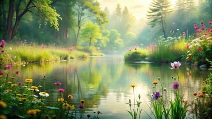 Fototapeta premium Serene Waterway Reflecting a Tranquil Garden of Vibrant Blossoms at Dawn