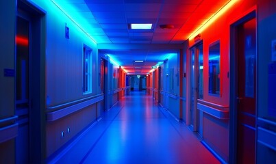 A futuristic hallway lighting system integrated into the ceiling, utilizing motion sensors to automatically brighten the area when someone enters. The lights then change