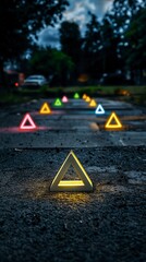 Illuminated Triangular Pathway Markers at Night