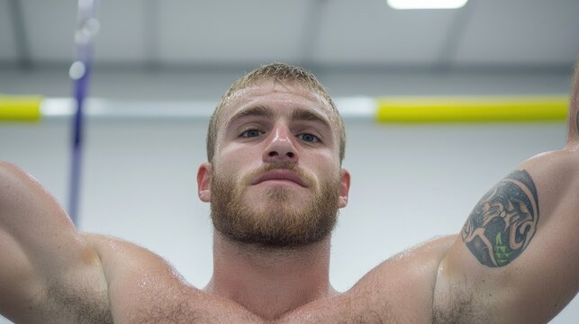 Man performing gymnastic exercise, indoor, focus on upper body, for fitness/health content