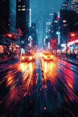 Fototapeta premium Night City Street Scene With Rain And Moving Cars