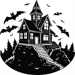 An isometric haunted house silhouette vector on a hill with broken windows, bats flying around, and a spooky atmosphere