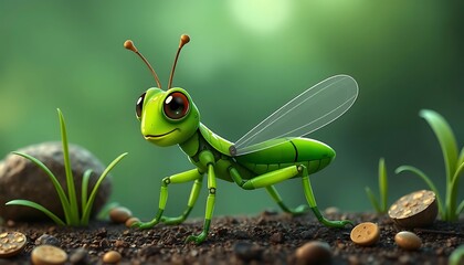 Cartoon Grasshopper with Big Eyes Standing on Dirt with Green Background