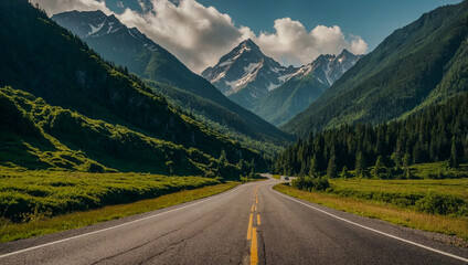Paved road leading to verdant mountain peaks.
