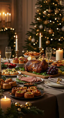 Naklejka premium Festive Feast: Delicious Christmas Dinner with Roast Turkey, Holiday Treats, Sparkling Champagne & Warm Candlelight - Celebrate the Season!