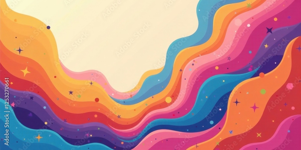 Poster Vibrant Rainbow Waves with Scattered Stars and Dots A Joyful Abstract Background Design Ideal for Festive Occasions and Celebrations