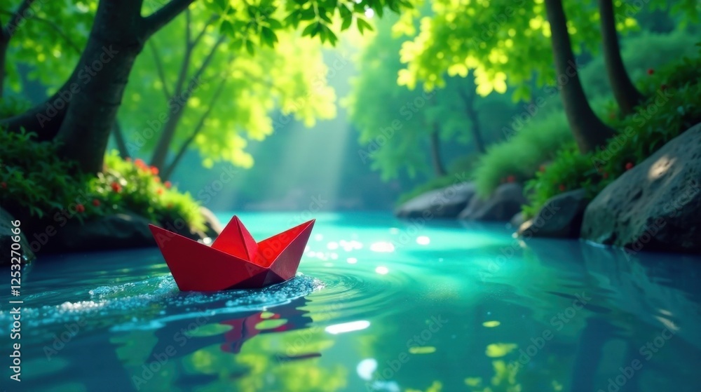 Poster serene red paper boat gently navigating a lush tranquil stream in a verdant forest