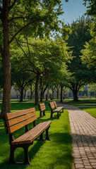 Peaceful park with green grass, trees, and benches for a relaxing outdoor escape
