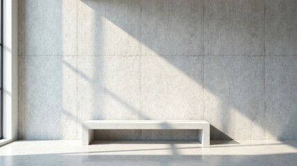 Modern Minimalist Interior Design Concrete Wall and Simple Bench with Sunlight Streaming Through a Window