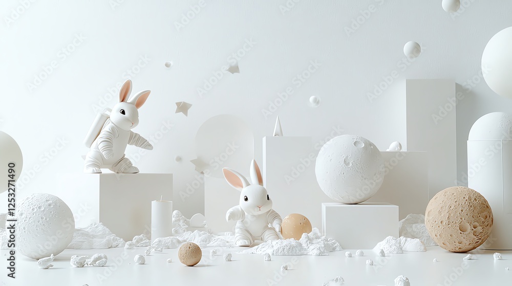 Aufkleber minimalist rabbits in abstract white setting with geometric shapes and spheres.