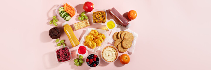 Web banner with gluten free salads, snack, smoothies. Quick food for lunch break, ready gluten free meals, copy space