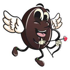 cute coffee beans vektor illustration mascot character being cupid with angel wings and the arrow of love, work of hand drawn