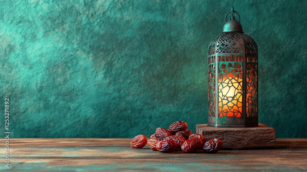 Poster elegant ramadan concept with traditional lantern and dates on a wooden table against a textured gree