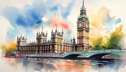 watercolor painting of big ben in london city the uk english symbol artistic picture generative ai